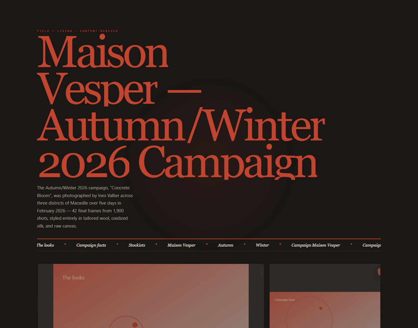 Maison Vesper autumn/winter 2026 photoshoot campaign redesigned as a lookbook editorial spread at desktop width