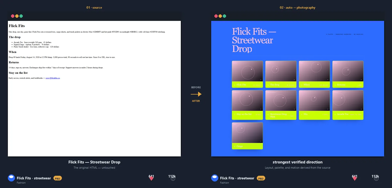 Flick Fits streetwear: plain source to electric-blue photography folio, showcase, and phone screens