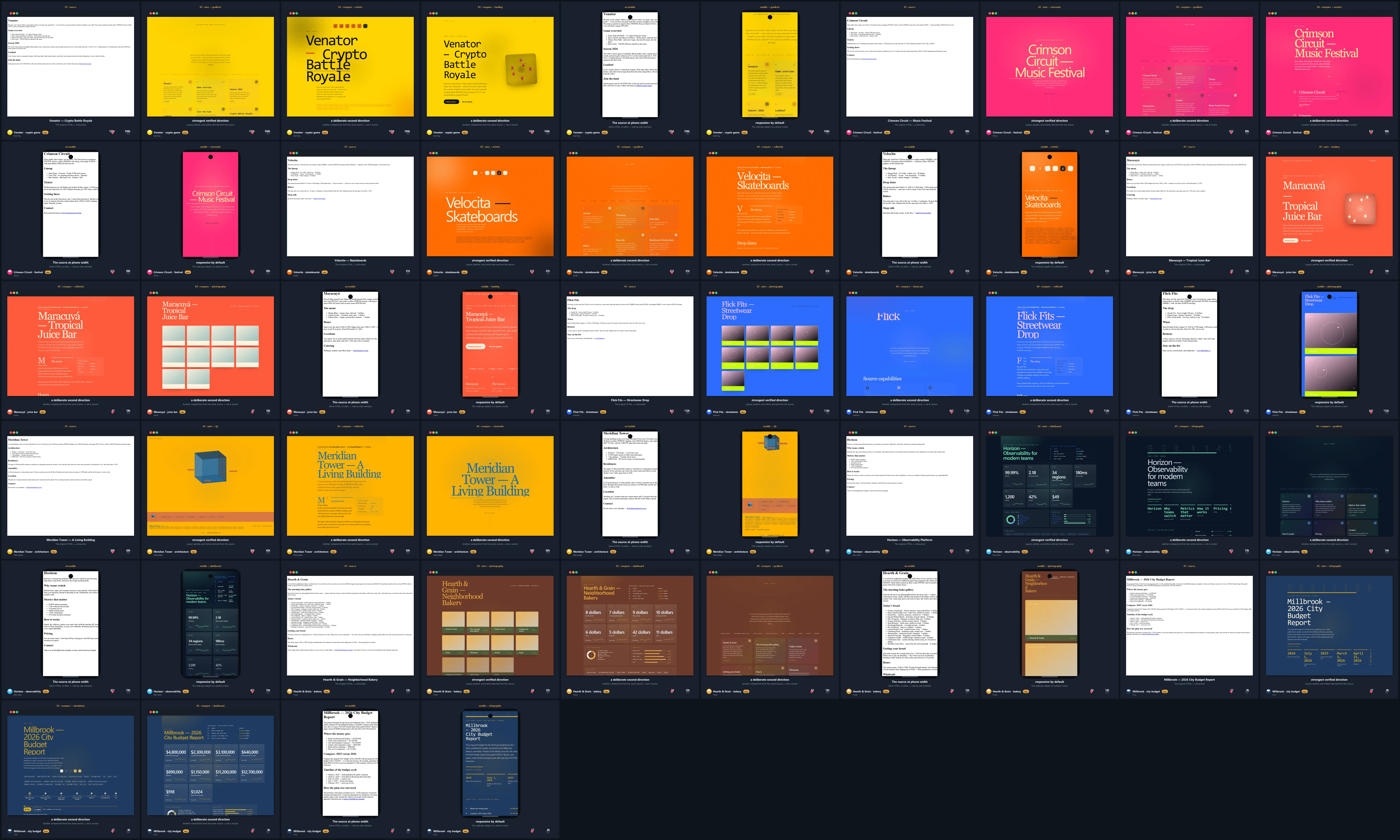 Nine redesign journeys with phone frames: gaming arena, festival poster, skate deck, juice menu, streetwear drop, building suite, dev-tools dashboard, bakery folio, and civic budget poster