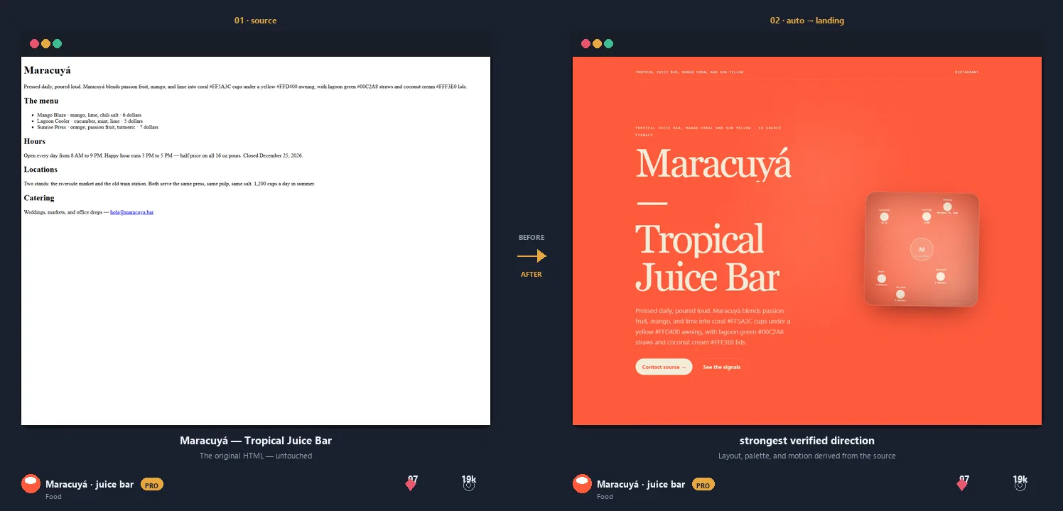 Maracuyá juice bar: plain source to coral product landing, photography, and phone screens