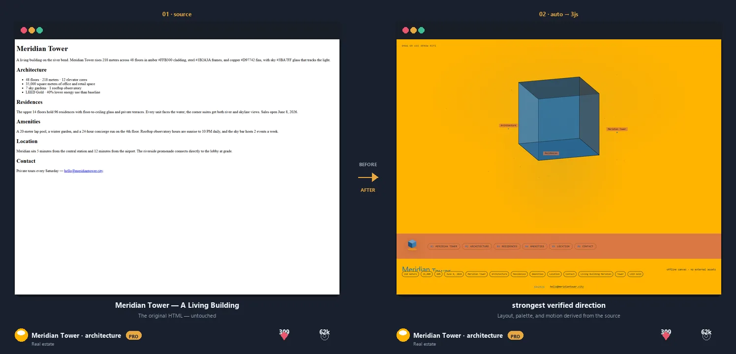 Meridian Tower building: plain source to amber 3D object, editorial feature, svg diagram, and phone screens