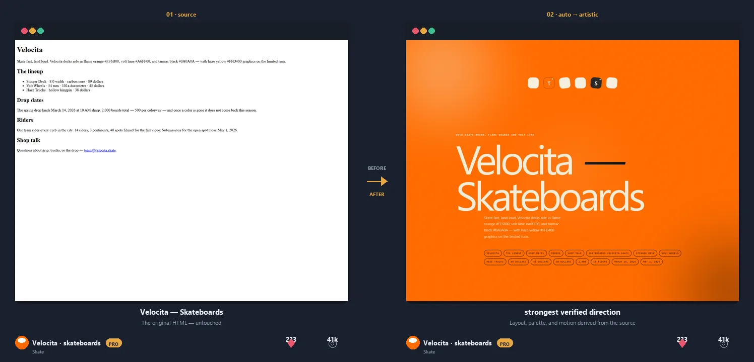 Velocita skateboards: plain source to flame-orange artistic poster, landing, and phone screens