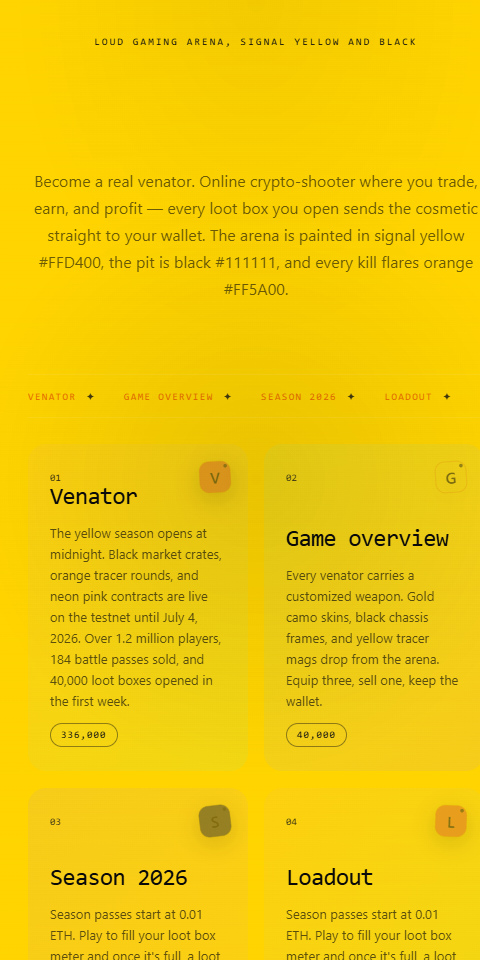 Venator gaming page at tall phone width