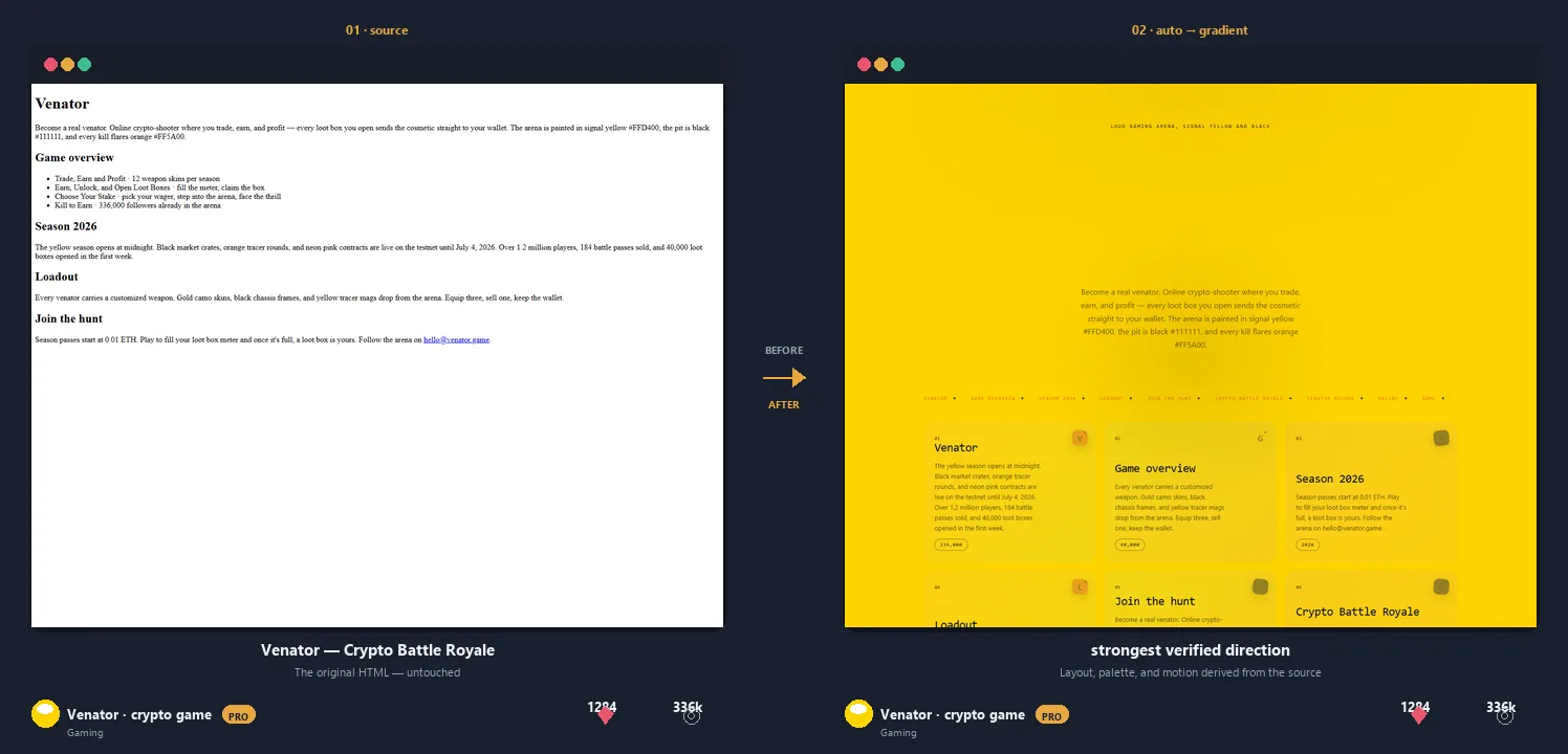 Venator crypto battle royale: plain source to signal-yellow gradient arena, landing, and phone screens