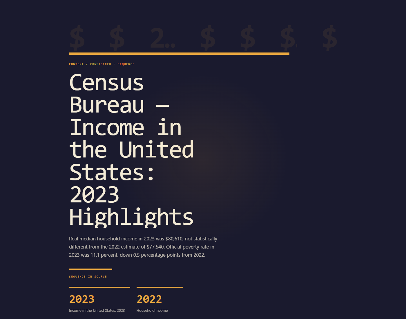 Census Bureau 2023 income brief redesigned as a ranked statistical poster at desktop width