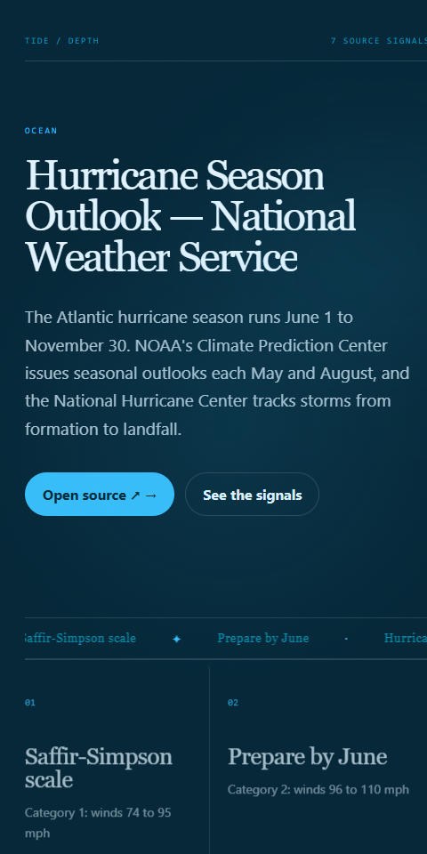 National Weather Service hurricane outlook redesigned as a briefing landing page at tall phone width