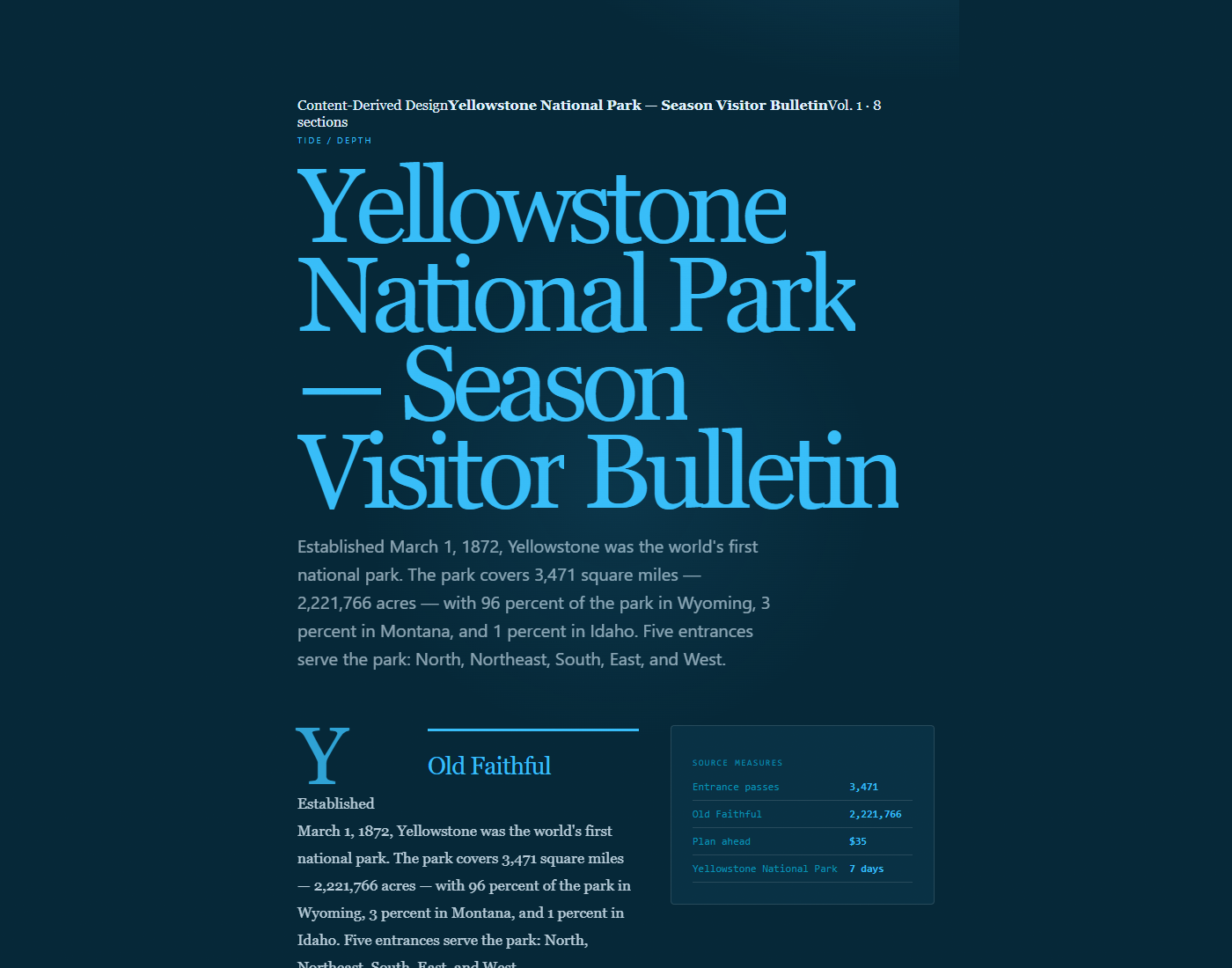 Yellowstone National Park visitor bulletin redesigned as an editorial feature at desktop width