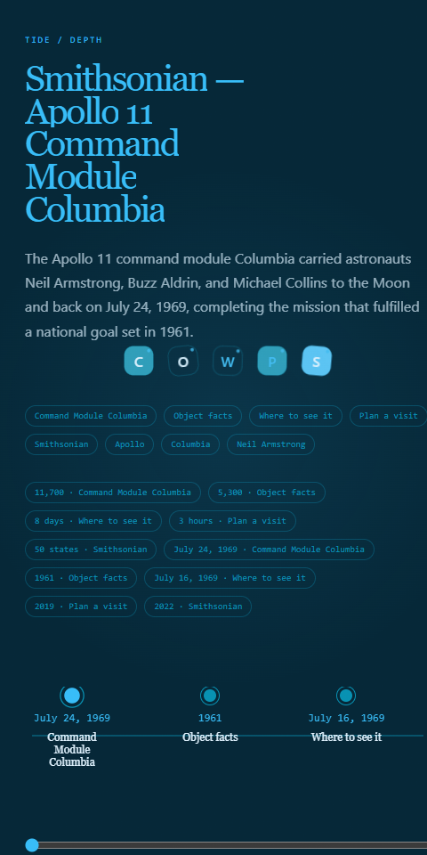 Smithsonian Apollo 11 command module page at tall phone width